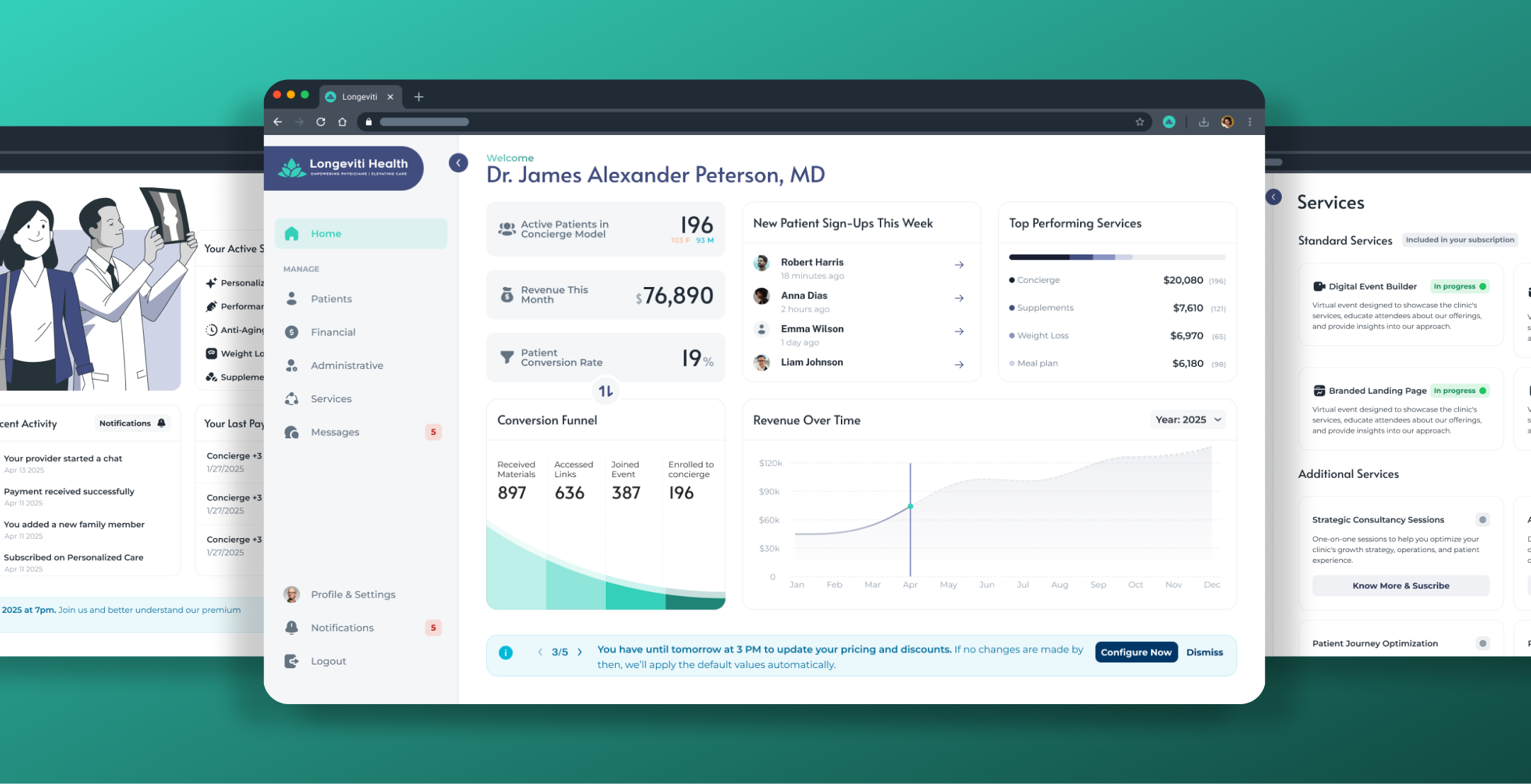 Longeviti Health: the physician dashboard with patient, revenue, and conversion metrics, beside the patient services view