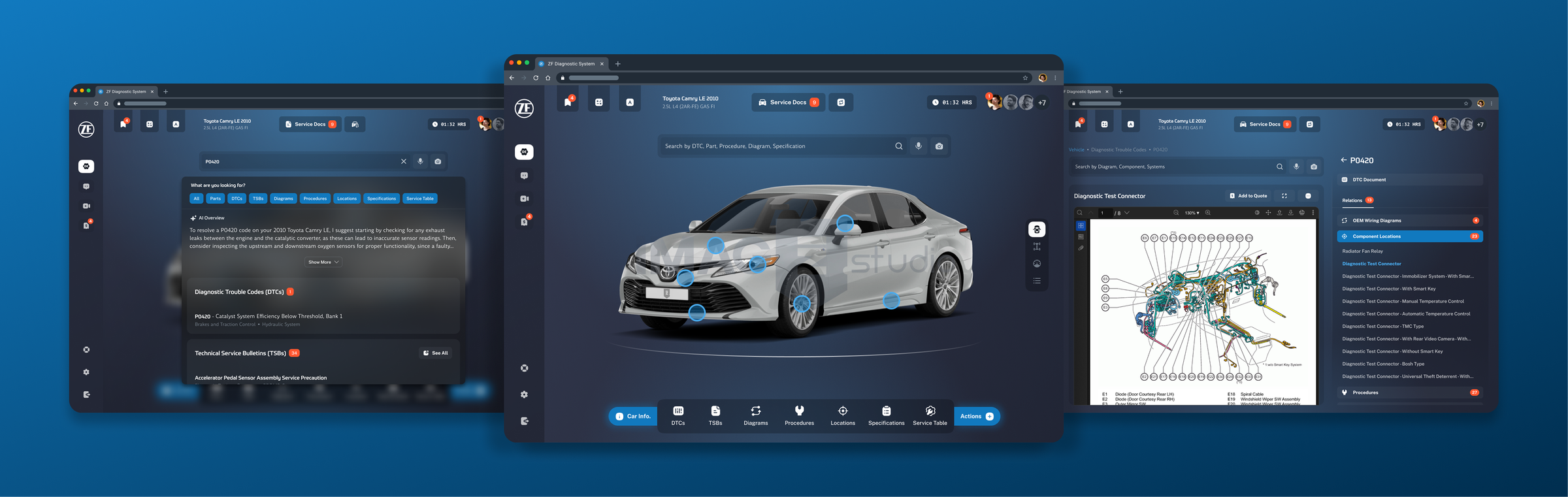 ZF Diagnostic System: overlapping views of the diagnostic platform, the unified search over an interactive vehicle, AI-assisted search, and a content detail page