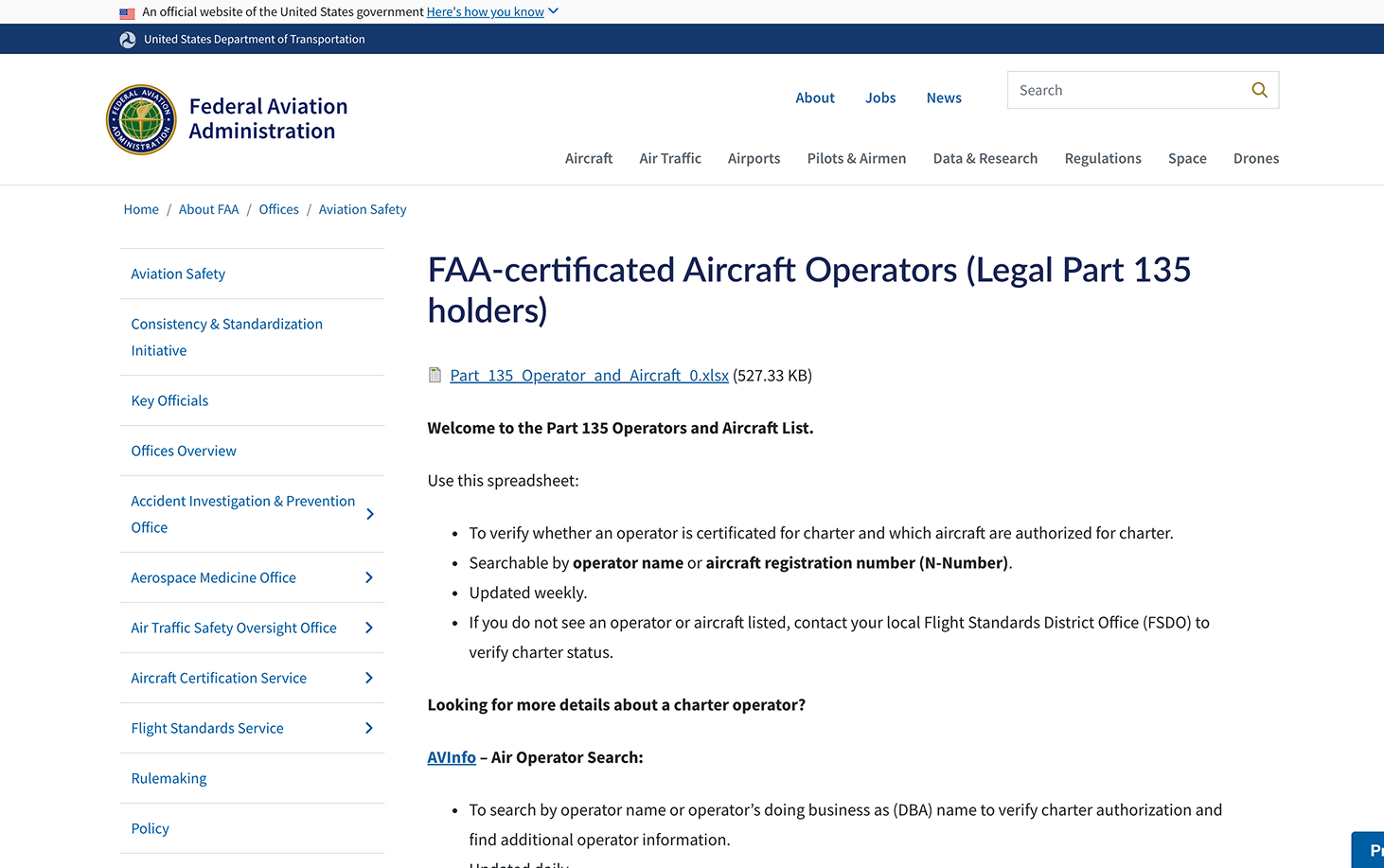 The FAA's official operator search website: a dated, form-heavy government interface