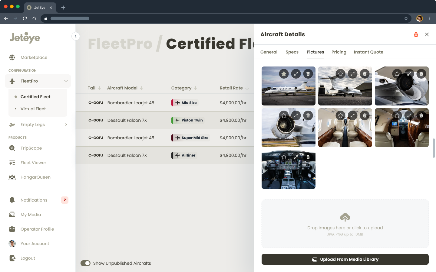 FleetPro on desktop: an operator's fleet management screen with aircraft records auto-pulled from government registries