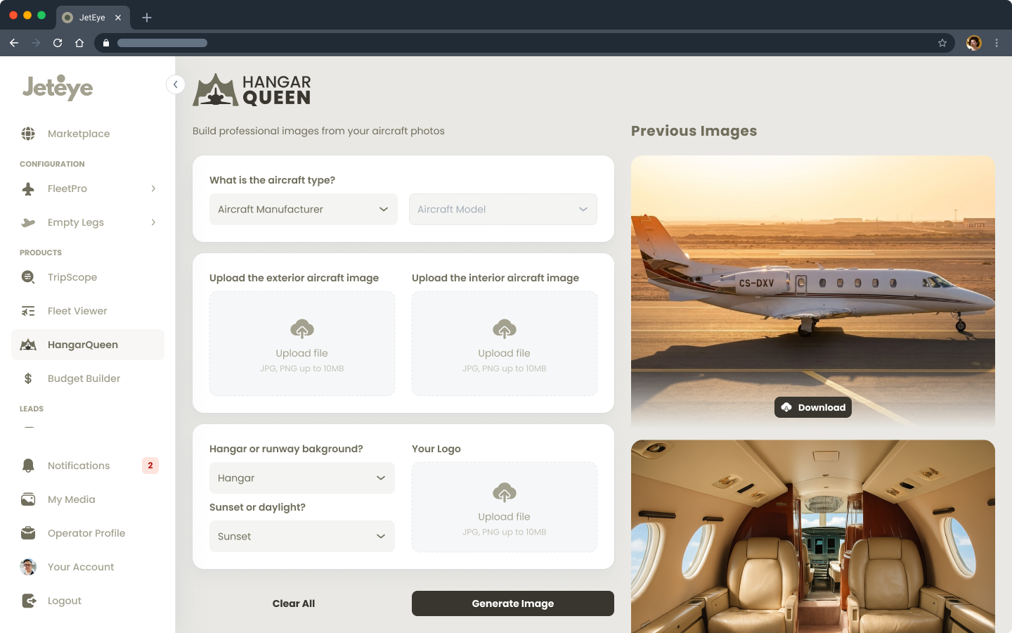 HangarQueen on desktop: an AI feature that turns an uploaded amateur aircraft photo into a branded professional image
