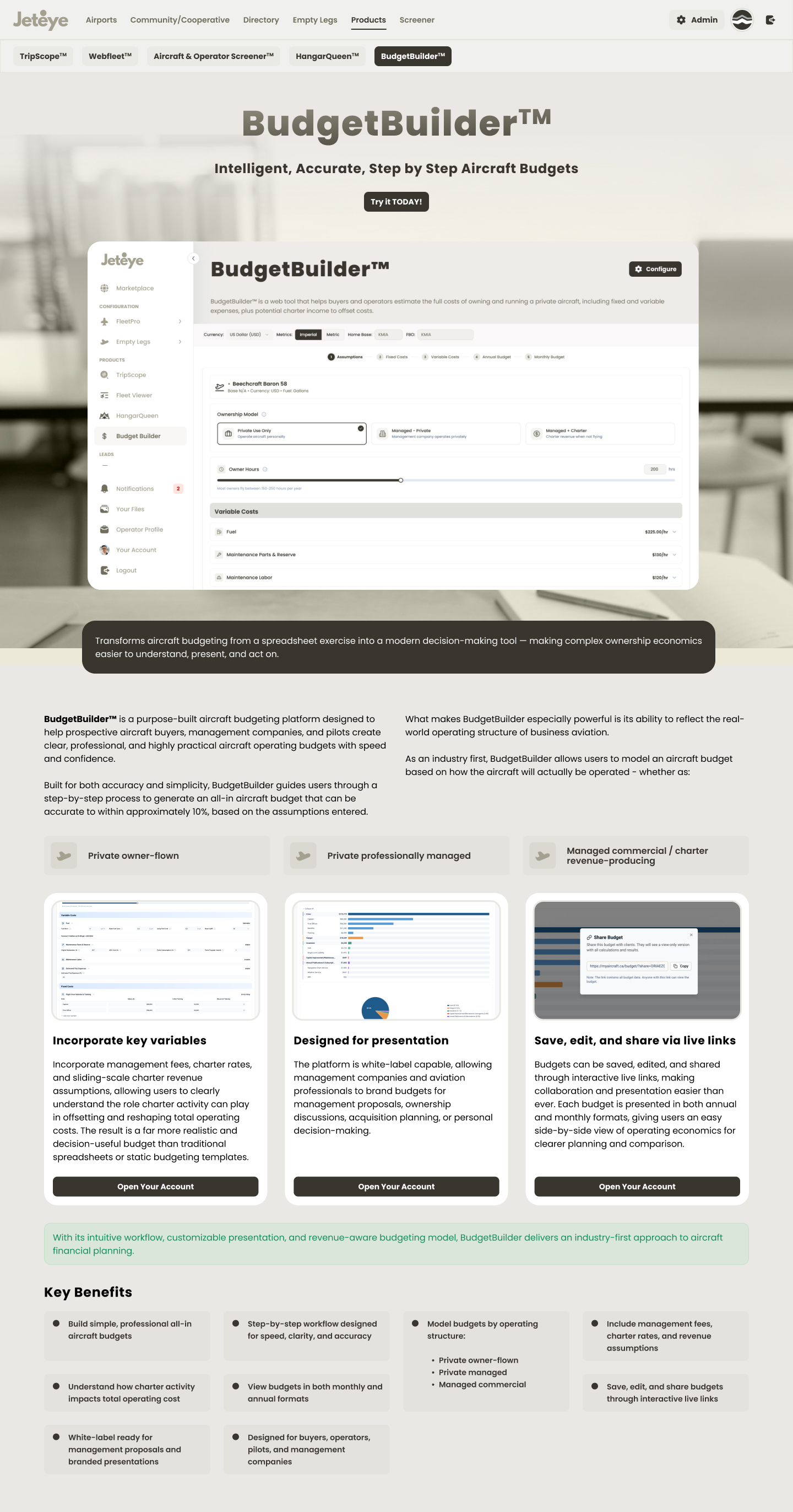 BudgetBuilder landing page on desktop: trip cost estimation pitch
