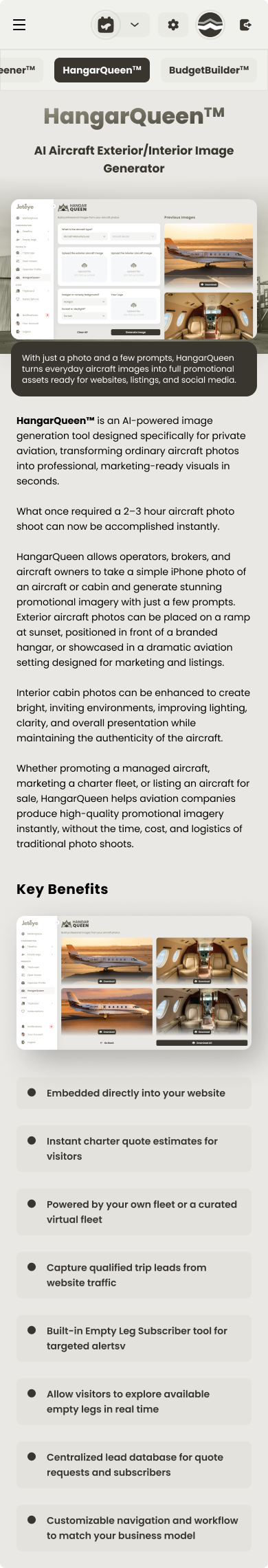 HangarQueen landing page on mobile