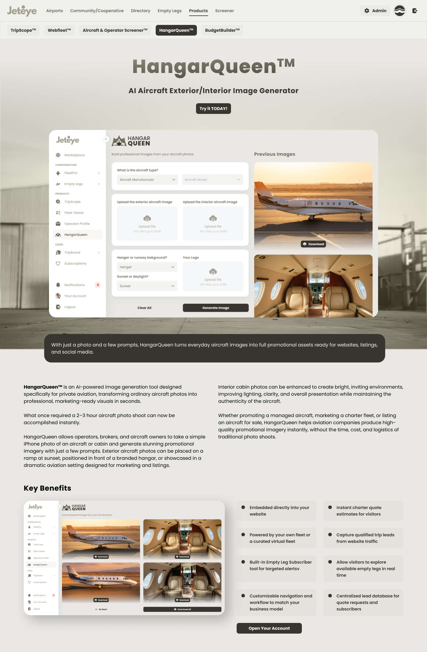 HangarQueen landing page on desktop: AI aircraft photography pitch