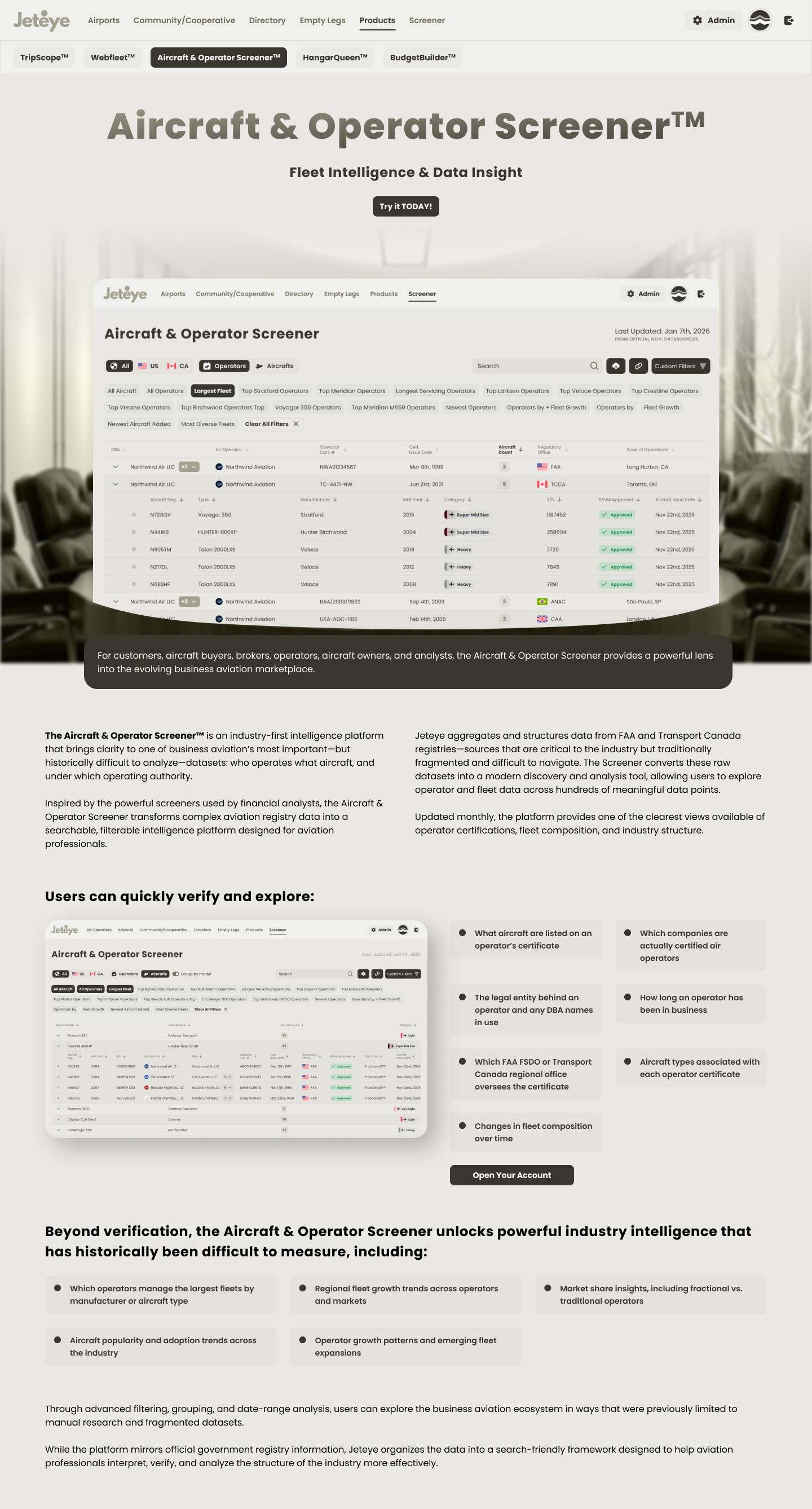 Screener landing page on desktop: operator verification value proposition