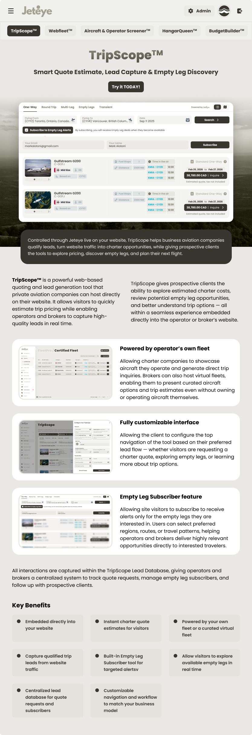 TripScope landing page on desktop: hero, value proposition and quoting CTA
