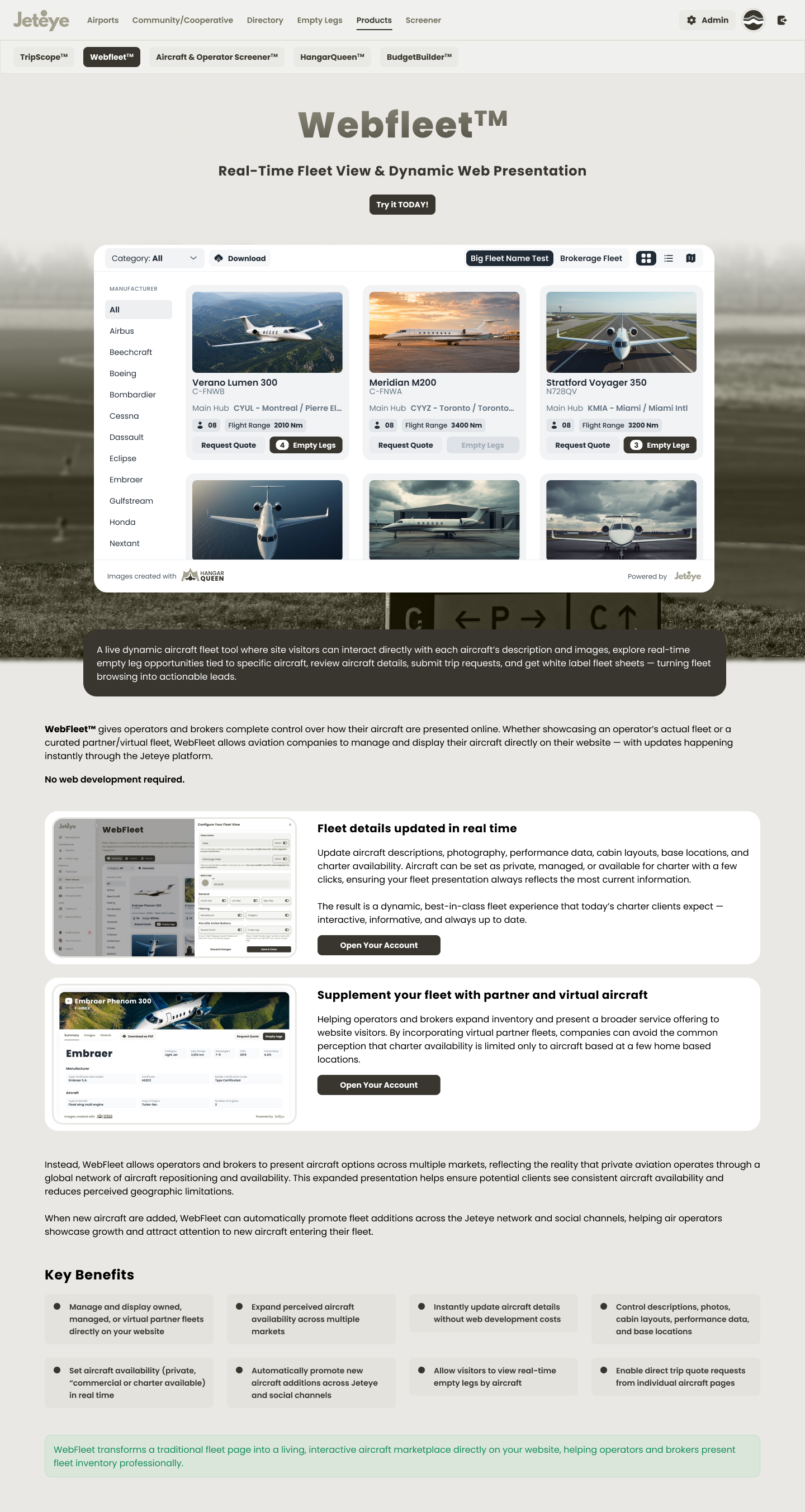 WebFleet landing page on desktop: embeddable fleet showcase pitch
