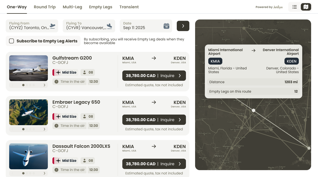TripScope embed on desktop: a quoting and empty-legs widget adapting to a host operator's website