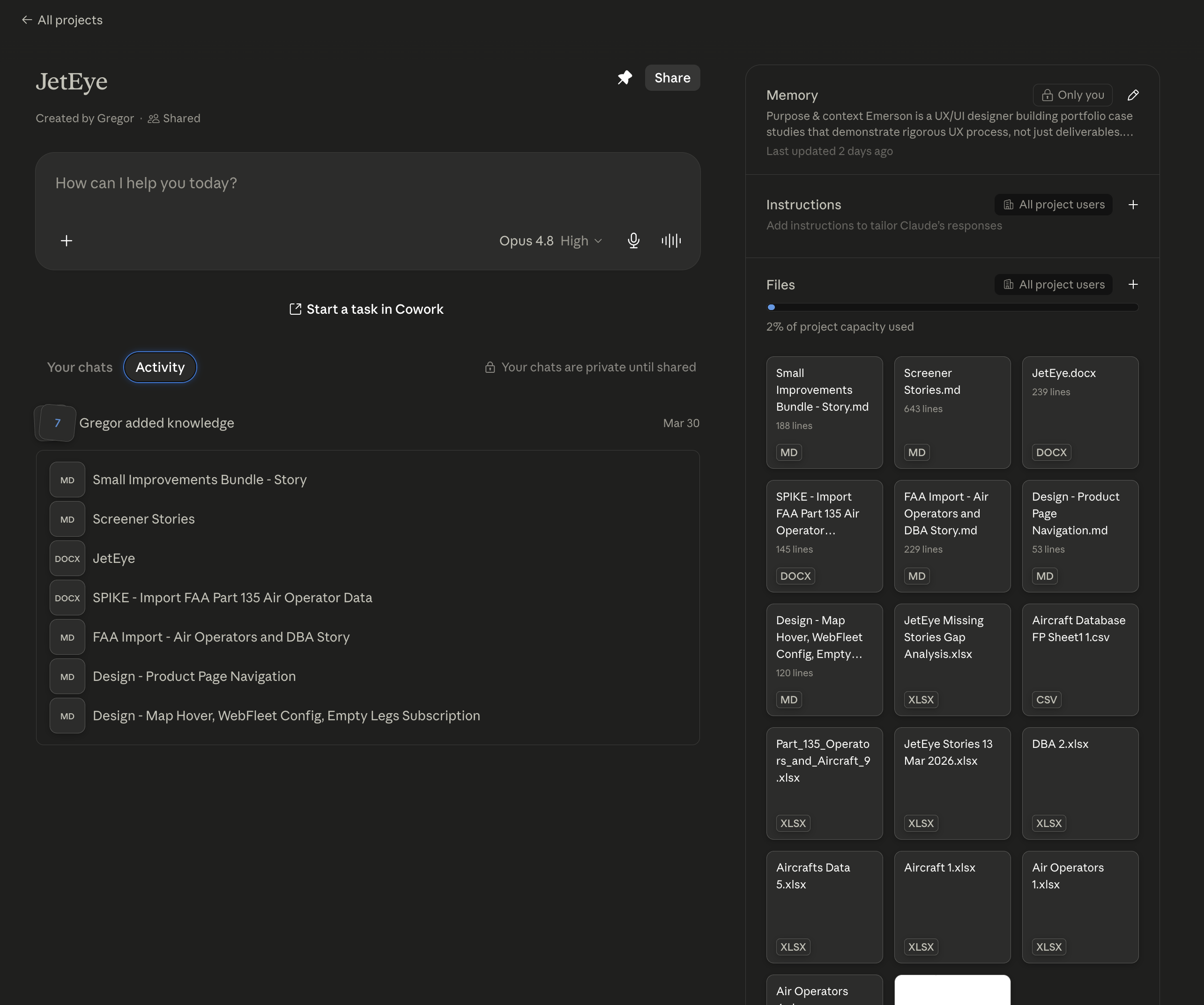 The JetEye project inside Claude: a Memory summary, project Instructions, and a Files panel holding the stories, data spreadsheets and design context docs