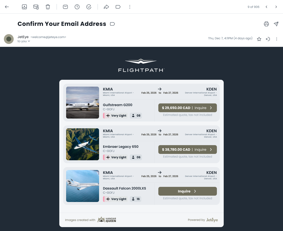 Empty leg alert email design: route header, aircraft and operator details, availability window and a single primary CTA