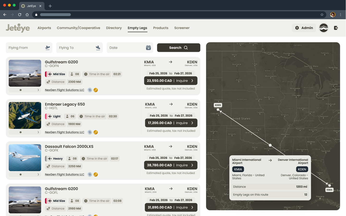 JetEye marketplace: empty-leg listings beside a route map of the United States