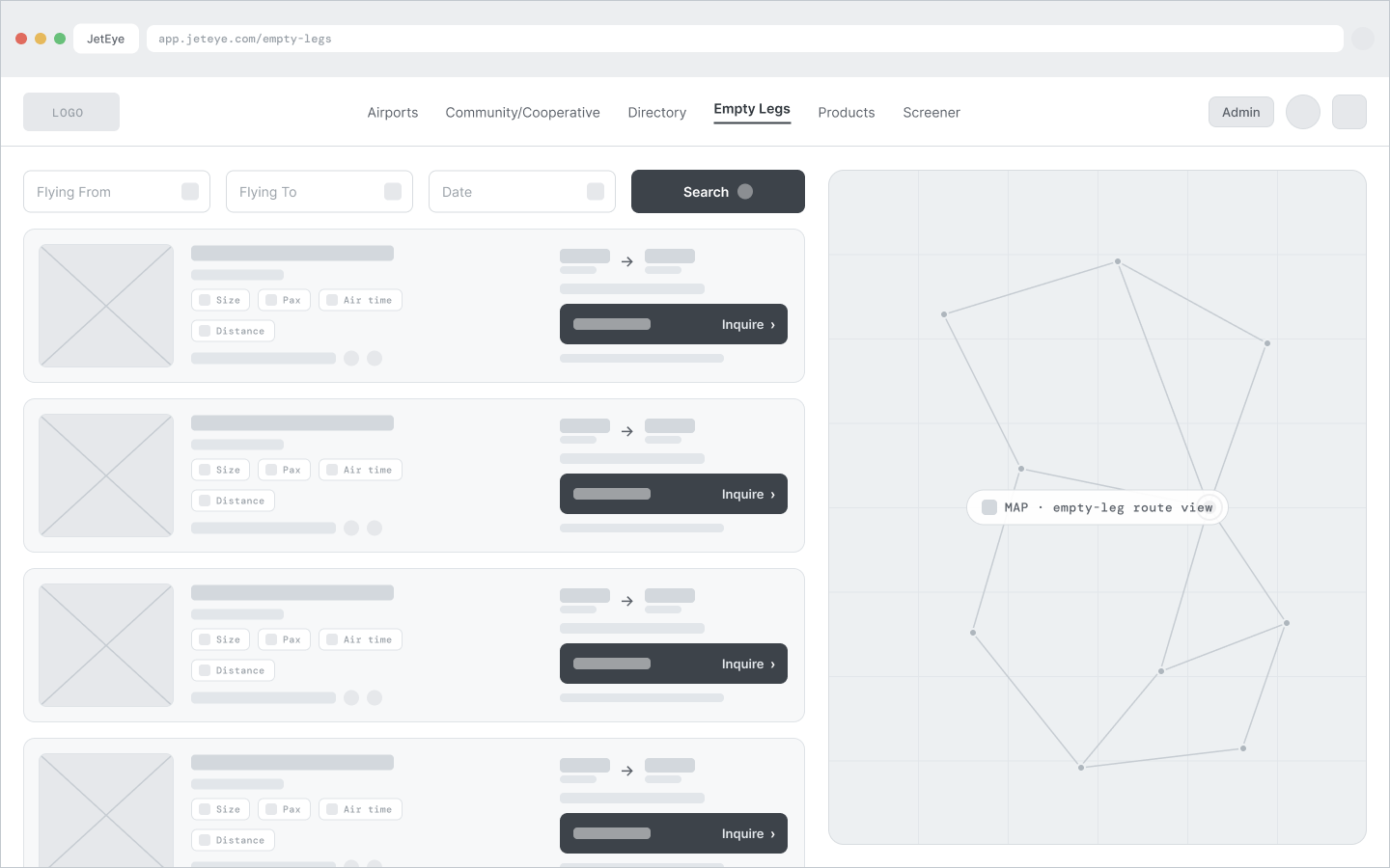 Low-fidelity wireframe: Empty Legs marketplace: search bar, result cards and a route map