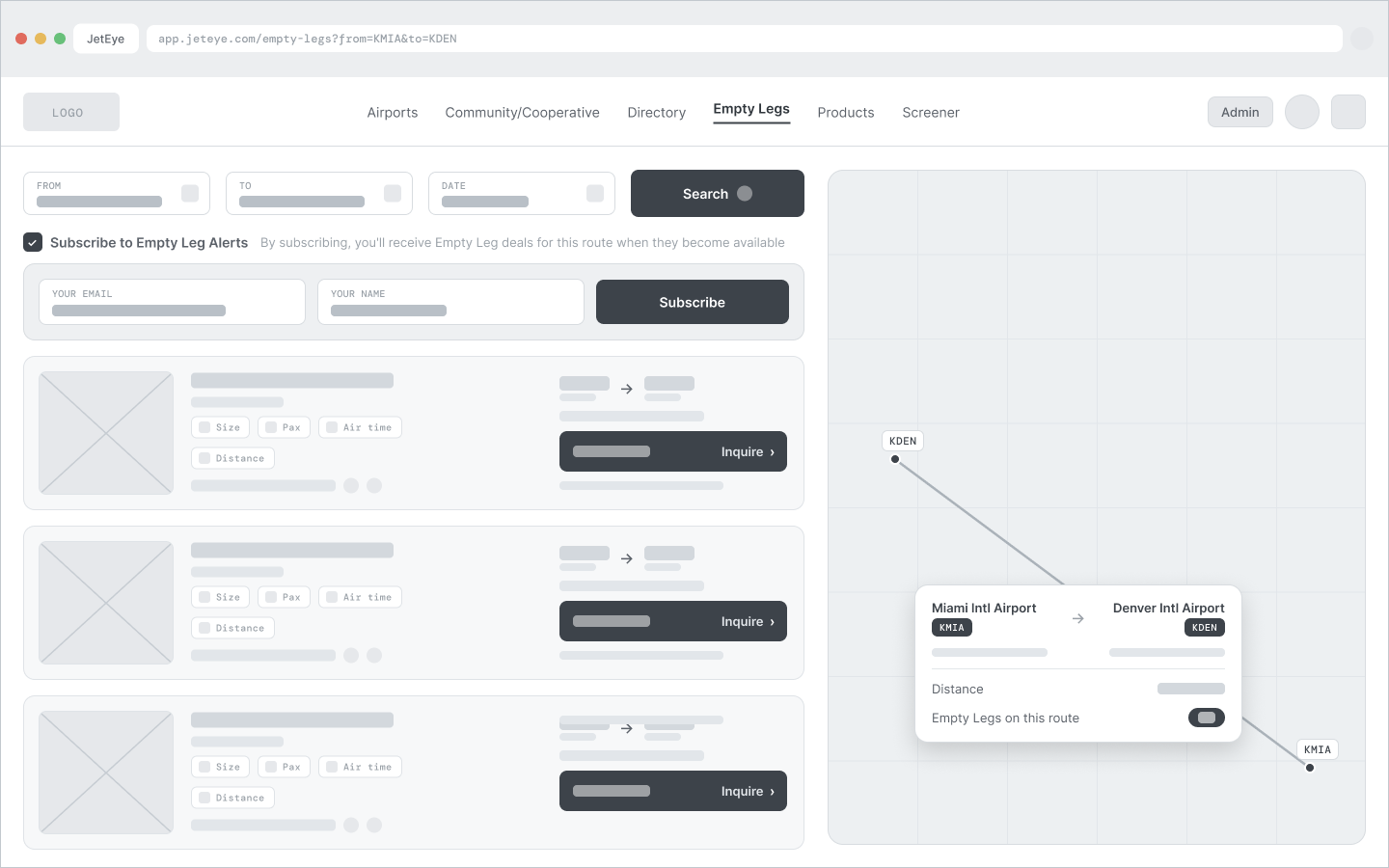 Low-fidelity wireframe: Empty Legs with a route selected, subscribe-to-alerts panel and an airport-pair info card on the map
