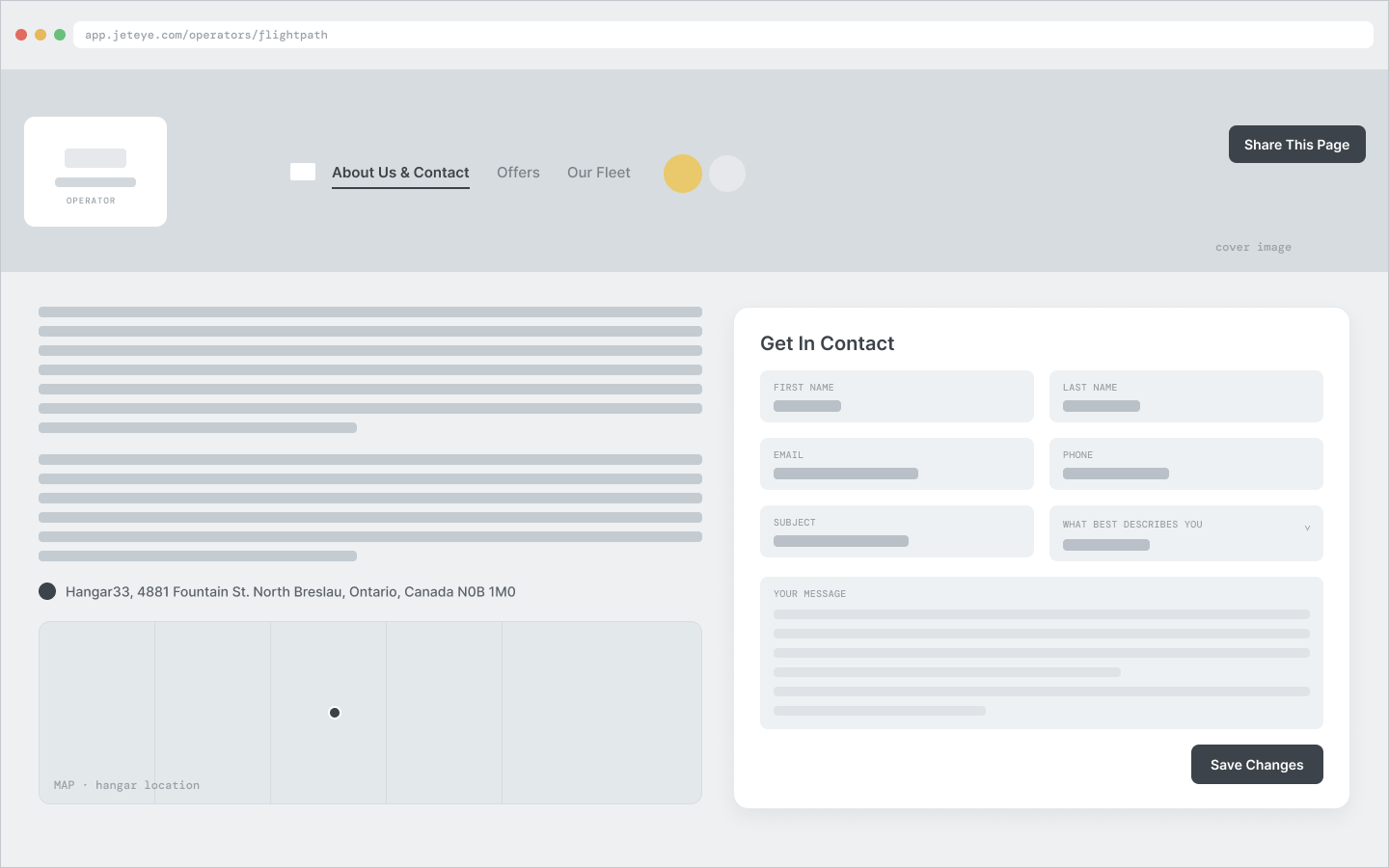 Low-fidelity wireframe: operator page About and Contact: hero, about text, hangar map and a contact form