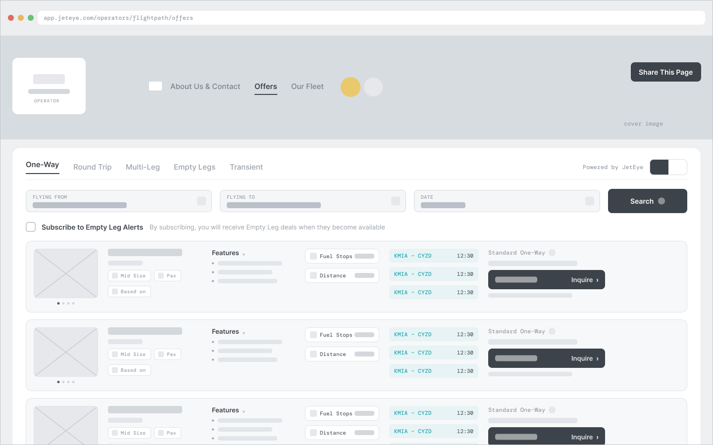 Low-fidelity wireframe: operator Offers page: tabbed search and detailed offer rows with route legs and prices