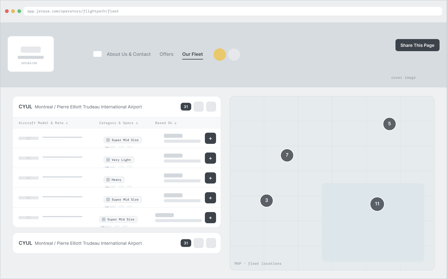Low-fidelity wireframe: operator Our Fleet page: sortable aircraft list panel and a map with numbered cluster markers