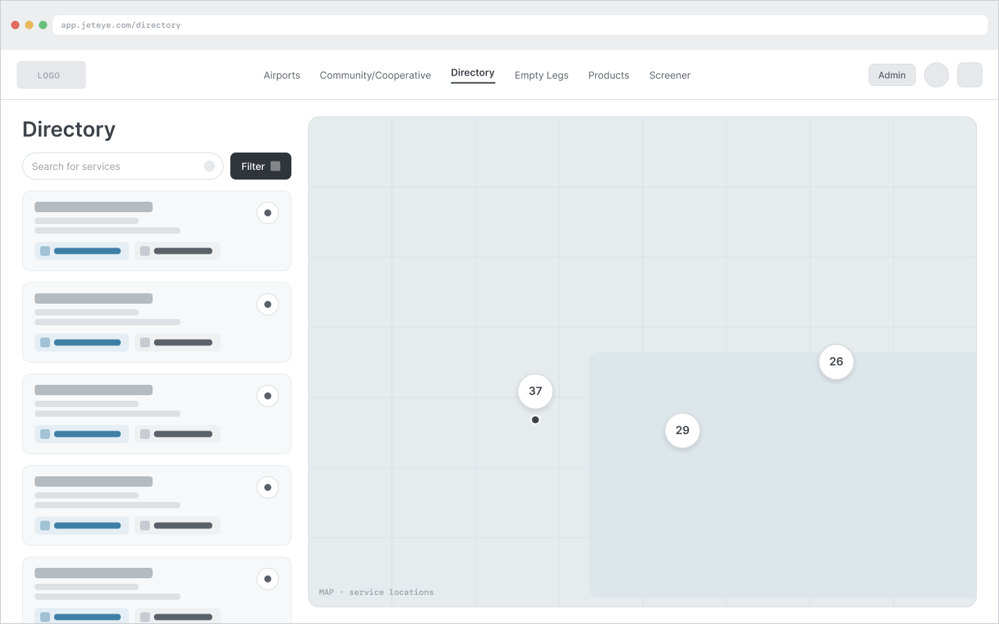 Low-fidelity wireframe: Directory: search, filter, service cards and a map with numbered cluster markers