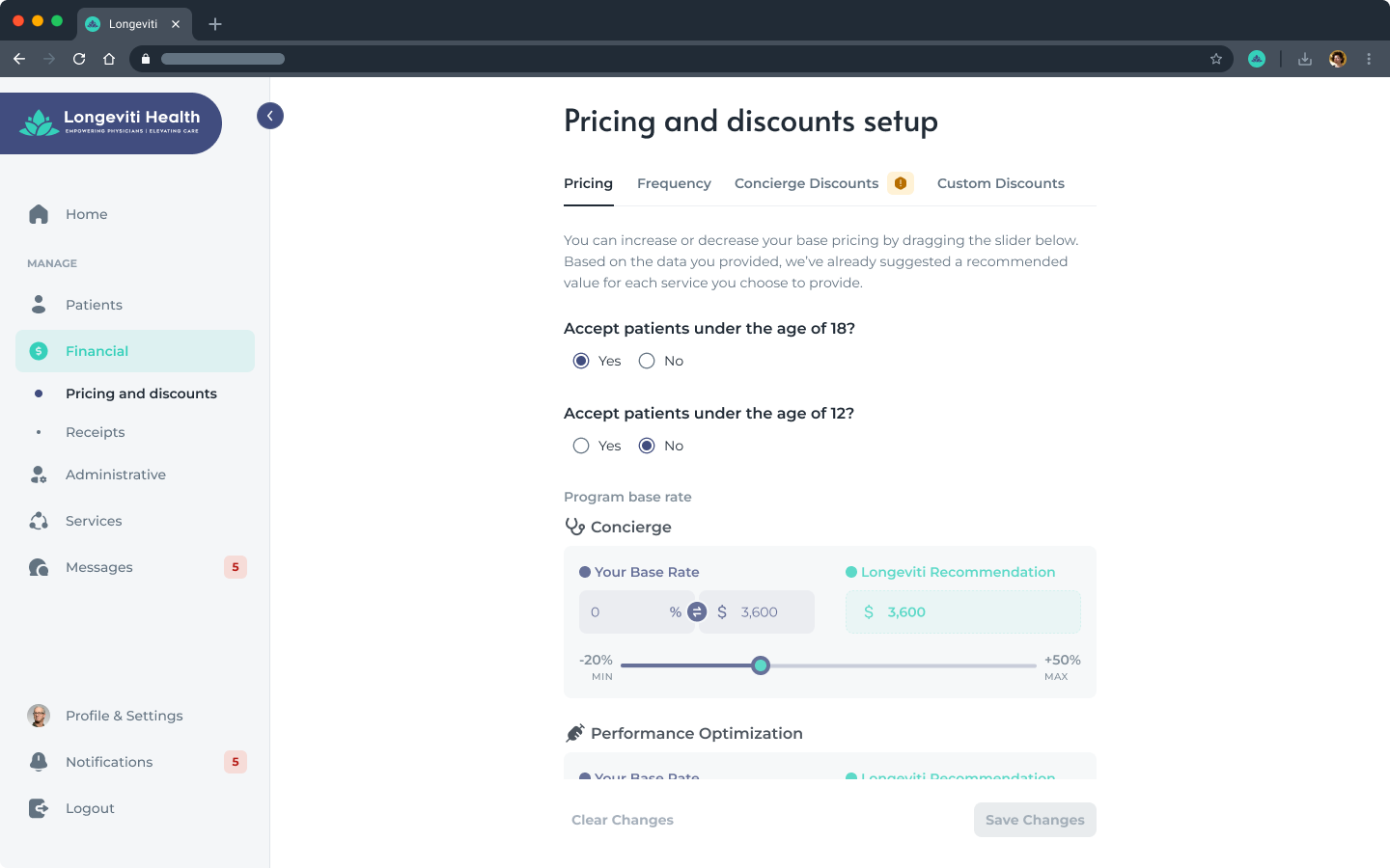 The physician financial page on desktop: base pricing, discounts, and payment frequency within recommended ranges, with receipts and transaction history