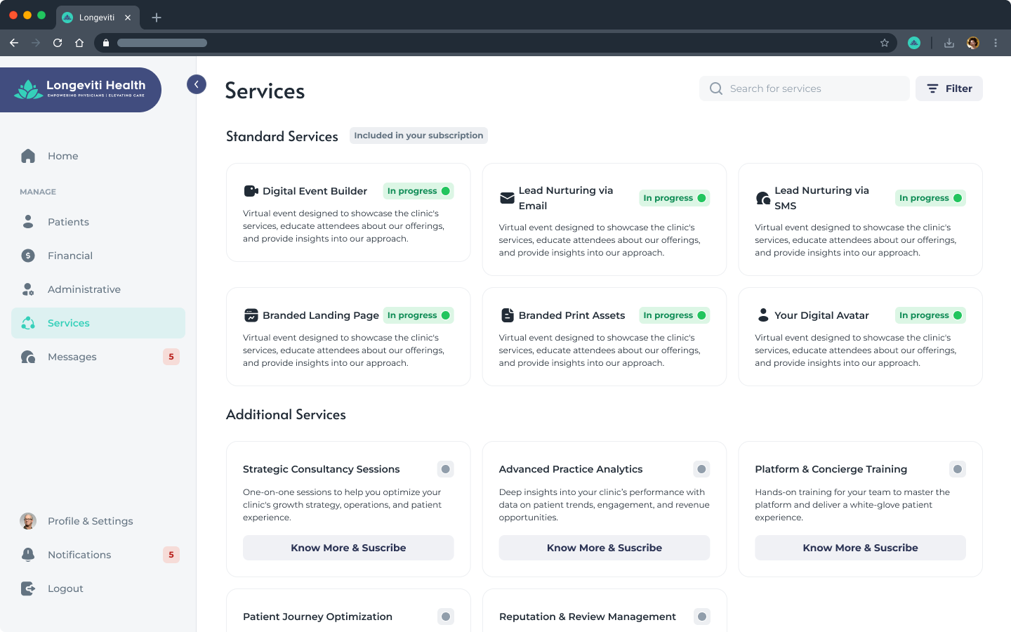 The physician services page on desktop with the automated marketing tools: digital event builder, branded landing page, and lead nurturing by email and SMS