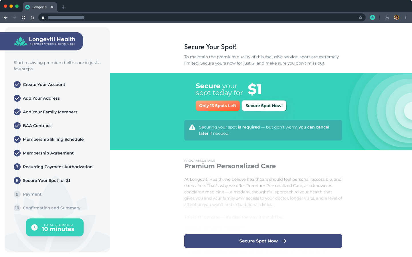 The patient subscription and enrollment experience on desktop, showing plan and payment setup within the guided flow
