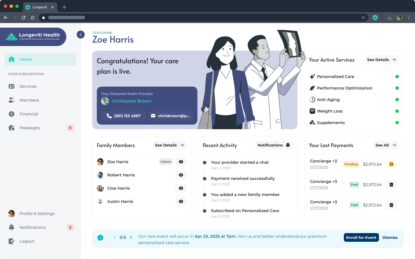 The patient portal on desktop, showing care, services, and family, with clear access to subscriptions and payments