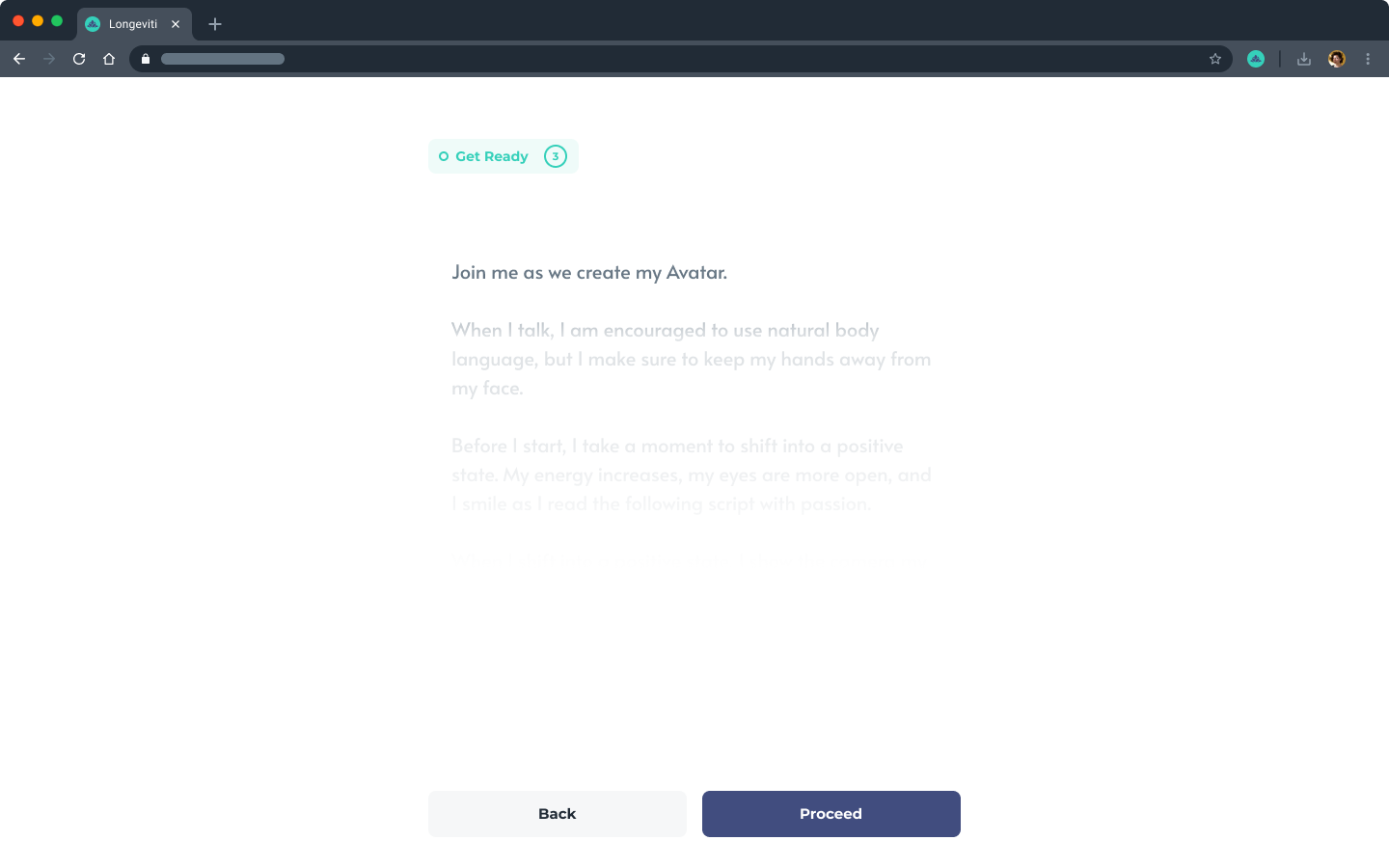 The AI avatar creation step on desktop: a Get Ready screen with a teleprompter-style script the physician reads to power their AI marketing video