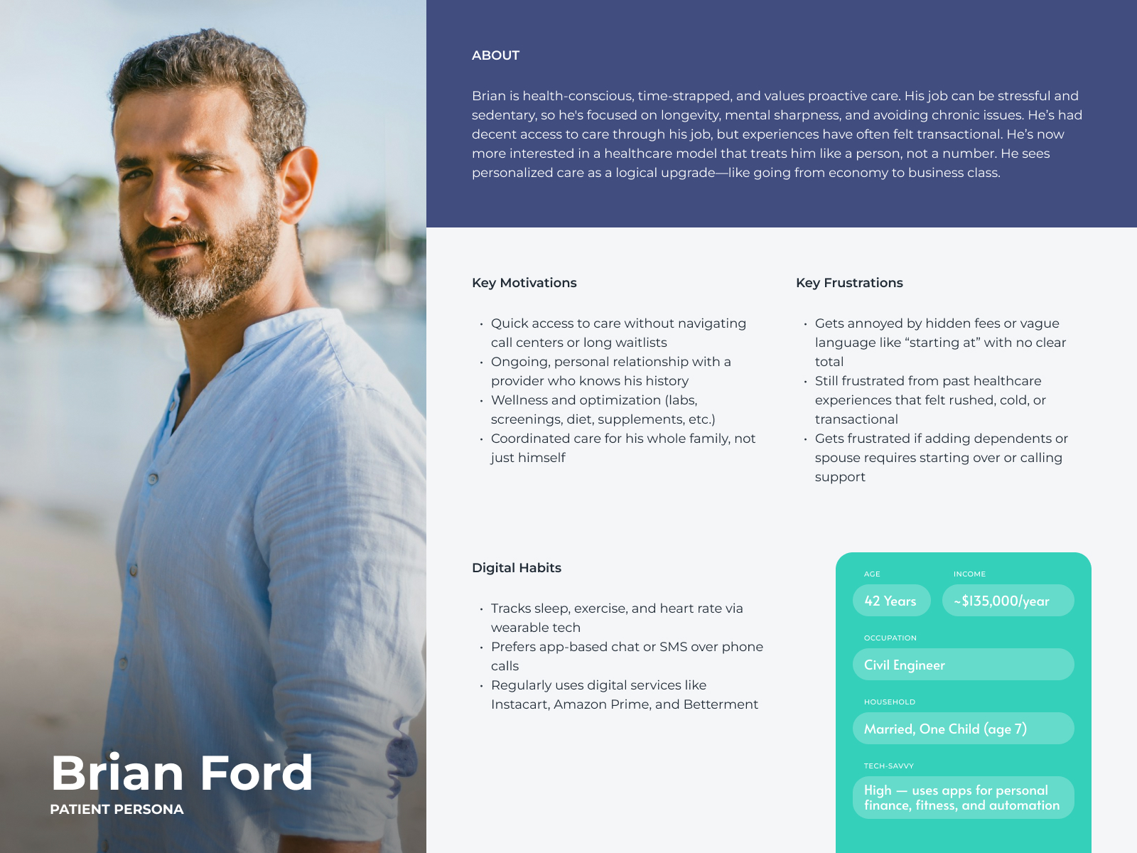 Patient persona, Brian Ford, 42, civil engineer: about, key motivations, key frustrations, digital habits, and demographics including income, occupation, household, and tech comfort
