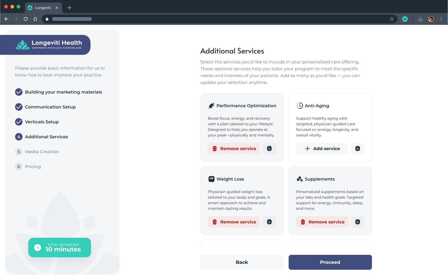 Another physician onboarding step on desktop, showing a branch or state in the setup flow