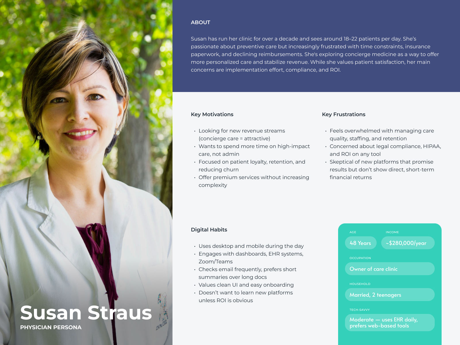 Physician persona, Susan Straus, 48, owner of a care clinic: about, key motivations, key frustrations, digital habits, and demographics including income, occupation, household, and tech comfort