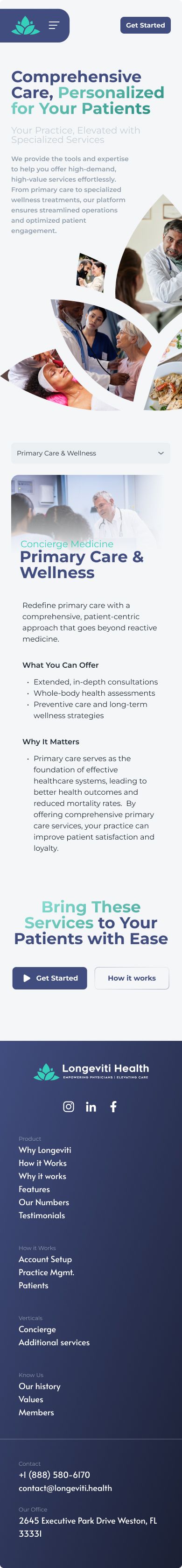 Longeviti physician marketing site, page 3 on mobile