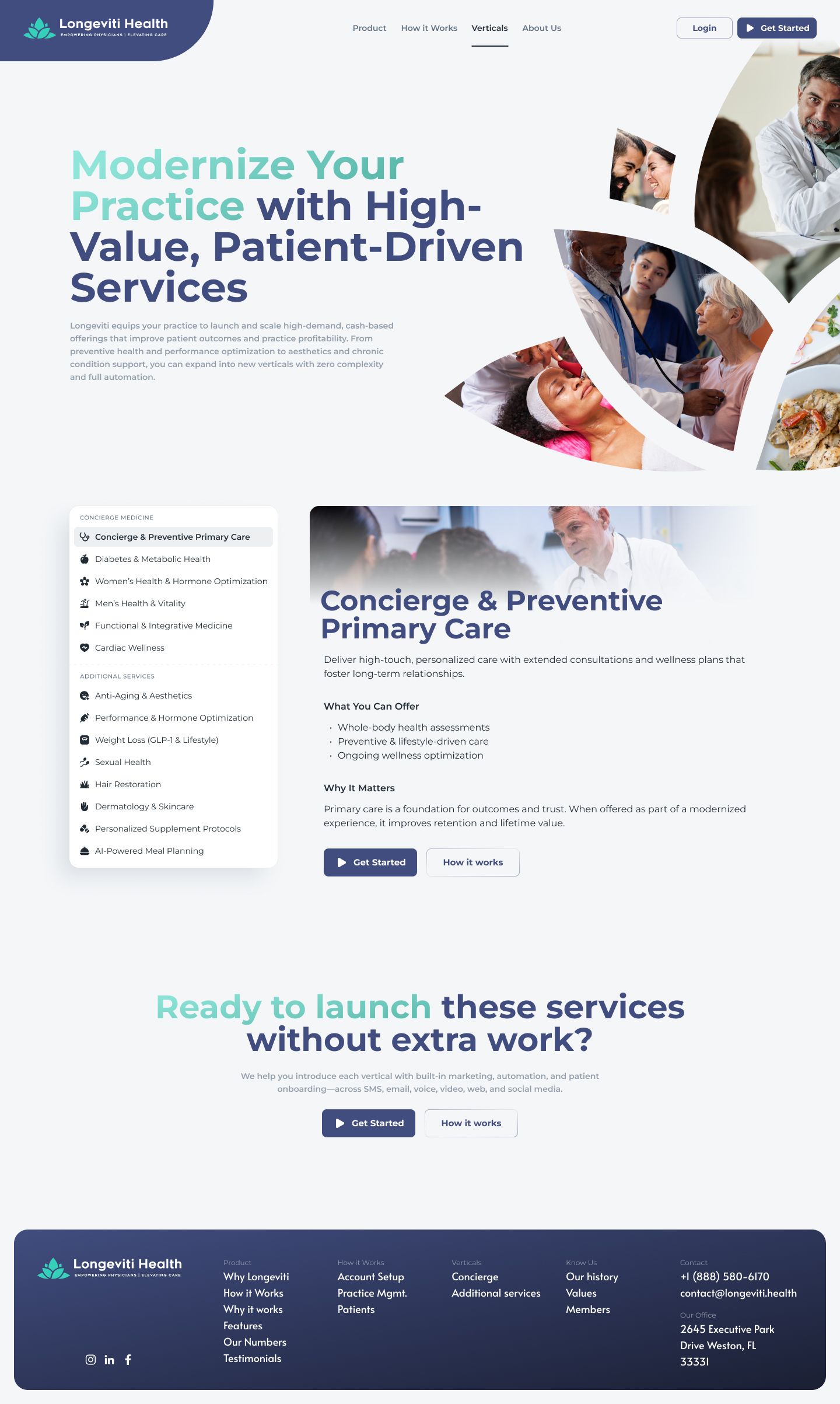 Longeviti physician marketing site, page 3 on desktop: proven results, comparison, and testimonials