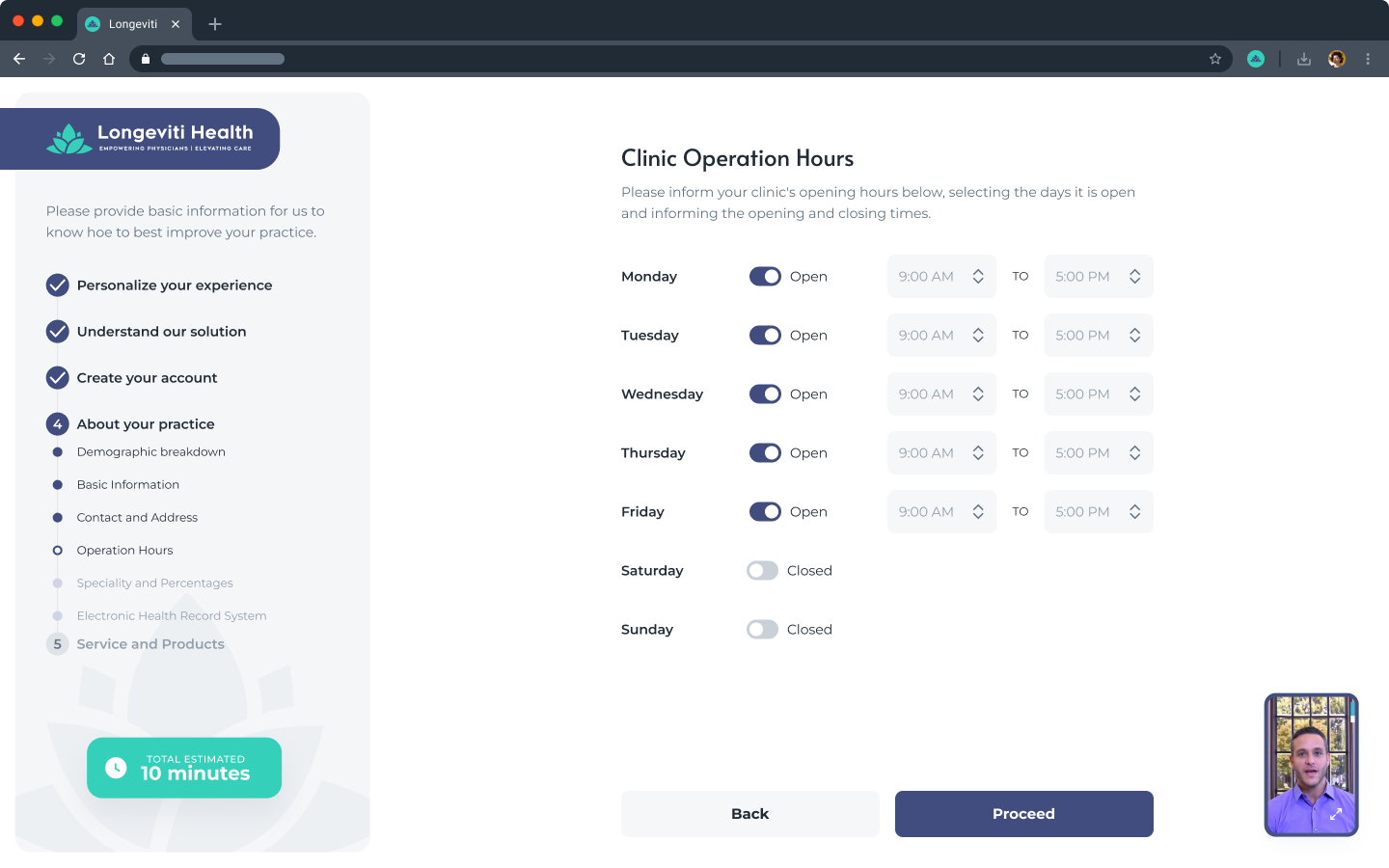 Physician onboarding: a Clinic Operation Hours step with a left progress stepper and an estimated ten-minute completion time