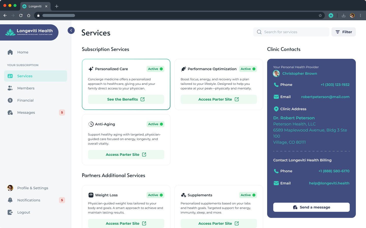The patient services page listing personalized care, performance optimization, anti-aging, weight loss, and supplements, with clinic contact details