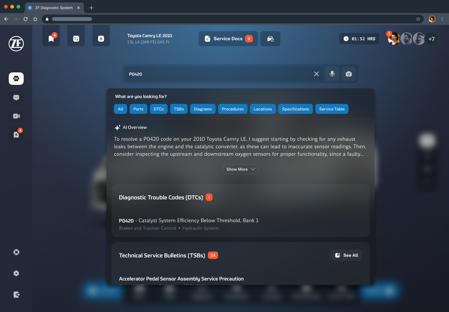 AI-assisted search in the ZF Diagnostic System: a search for code P0420 with category chips and an AI Overview explaining how to resolve the code, followed by matching diagnostic trouble codes and technical service bulletins