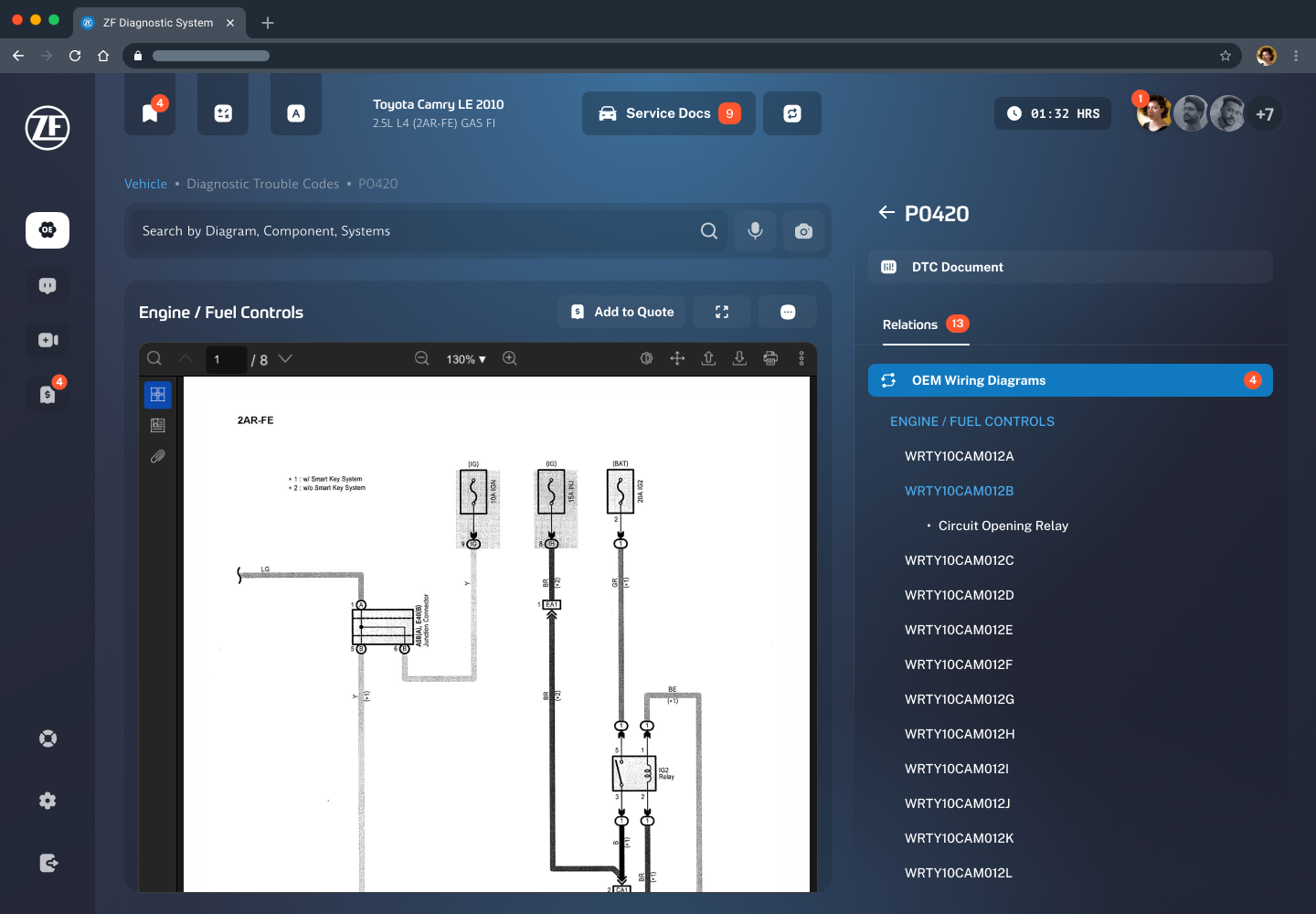 A DTC detail page for code P0420 showing an engine and fuel controls wiring diagram in the document viewer, with a Relations panel listing four related OEM wiring diagrams and an Add to Quote button