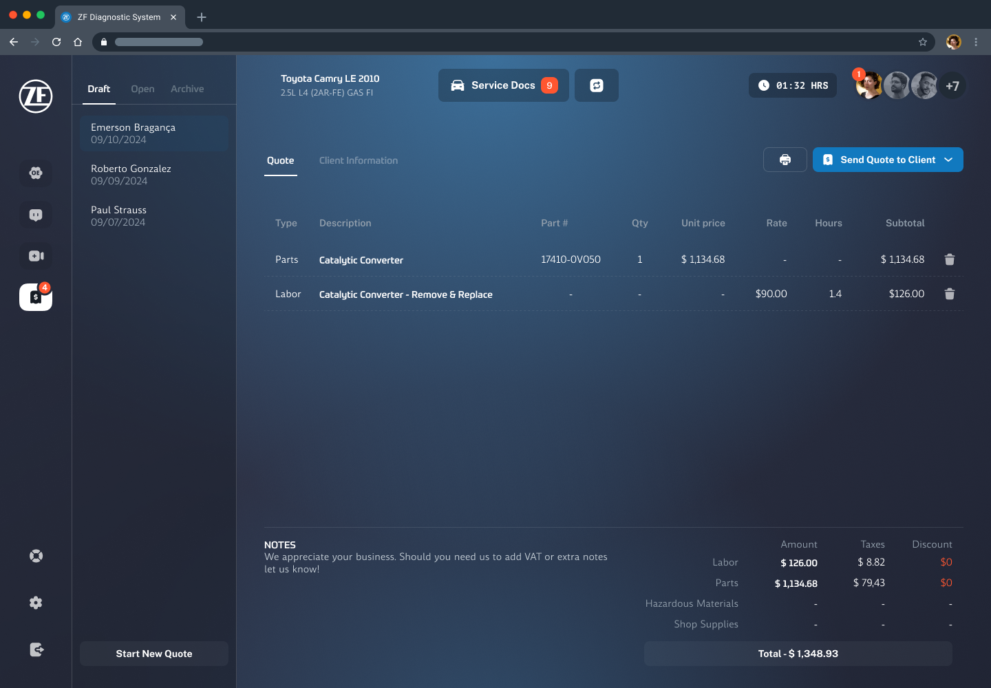 The quote management screen: a quote form with line items and calculated totals, client information, and tabs for draft, open and archived quotes