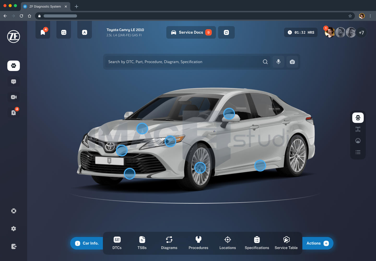 The ZF Diagnostic System home screen: a search bar reading Search by DTC, Part, Procedure, Diagram, Specification above an interactive Toyota Camry with tappable component hotspots and a bottom navigation for DTCs, TSBs, diagrams, procedures, locations and specifications