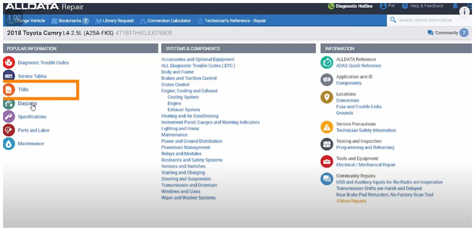 AllData Repair: a dense blue and grey interface listing diagnostic trouble codes, service tables, TSBs and system categories for a 2018 Toyota Camry