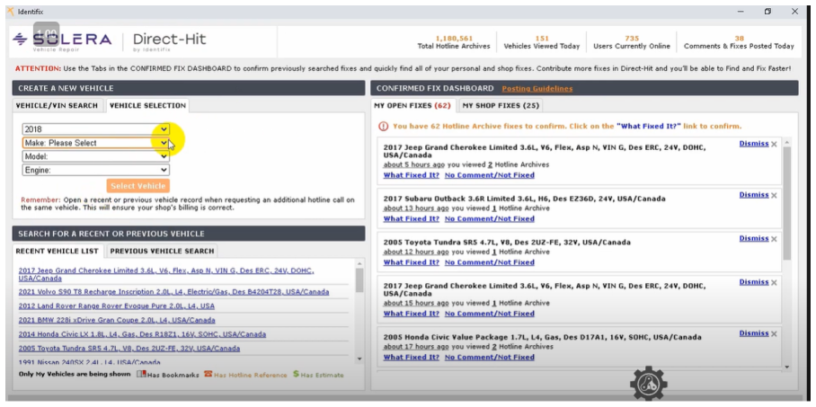 Identifix Direct-Hit by Solera: a busy confirmed-fix dashboard with vehicle selection dropdowns and a long list of hotline archive fixes