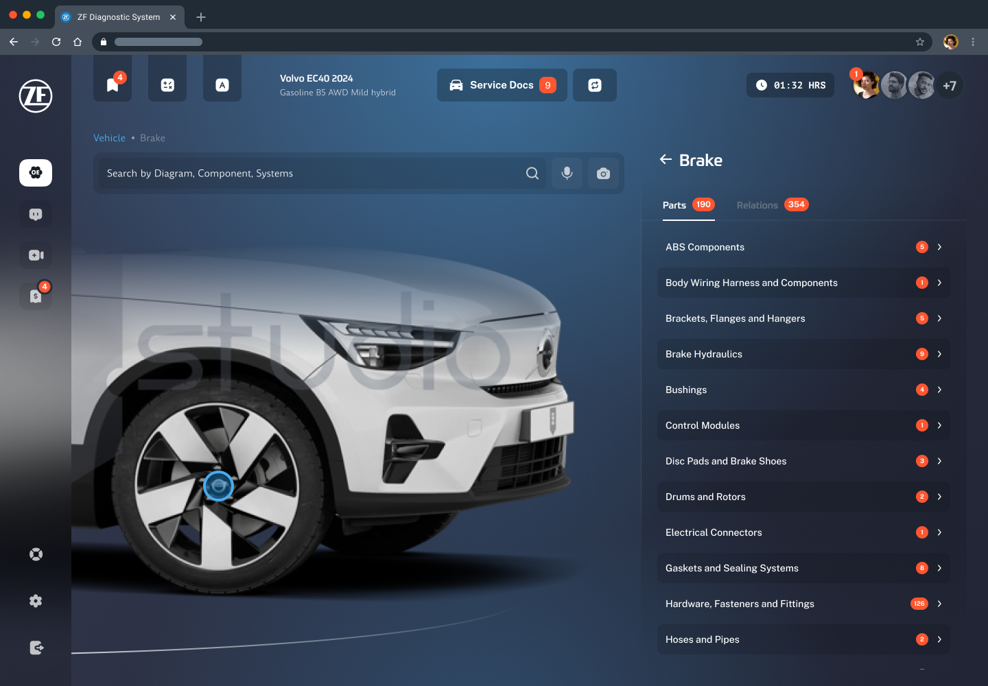 A ZF Diagnostic System screen showing a Volvo EC40 rendered by Imagin.Studio next to a Brake section listing parts such as ABS components and brake hydraulics, with Parts and Relations tabs counting 190 parts and 354 relations pulled from MOTOR